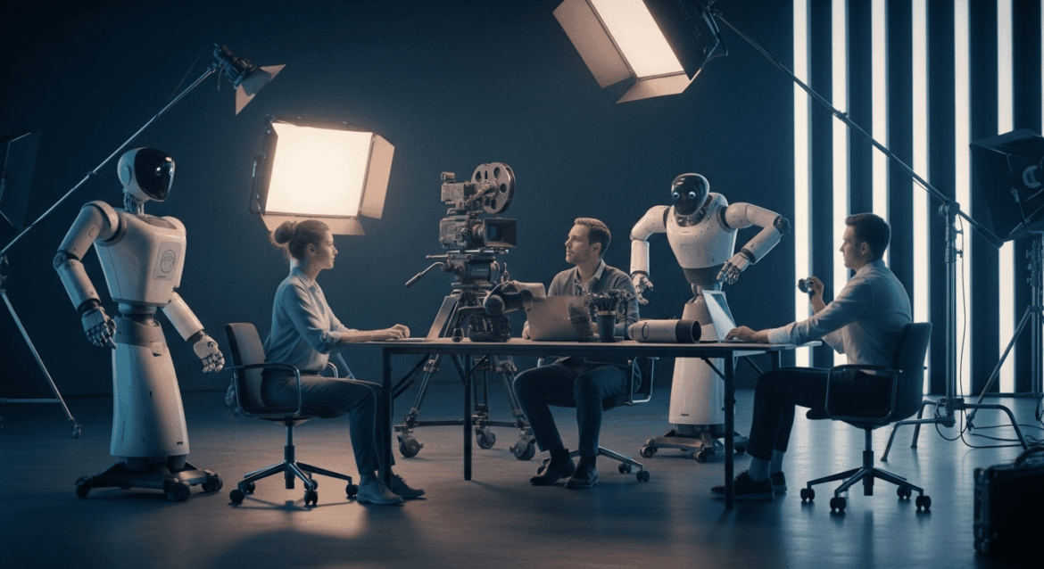 A futuristic film set showcasing advanced AI technology in filmmaking, with robots collaborating with human directors, enhancing visual effects, and generating scripts in a vibrant and dynamic studio environment. no texts on scene. photorealistic style, high resolution, 4k details, HDR, cinematic lighting, professional photography, studio lighting, vibrant colors.