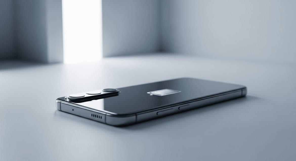 A serene, high-tech environment showcasing a close-up of a Samsung Galaxy S25 smartphone, gently illuminated to highlight its sleek design and modern features, with a subtle focus on its battery capacity without visible branding. No texts on scene. Keywords: photorealistic style, high resolution, 4k details, HDR, cinematic lighting, professional photography, studio lighting, vibrant colors.