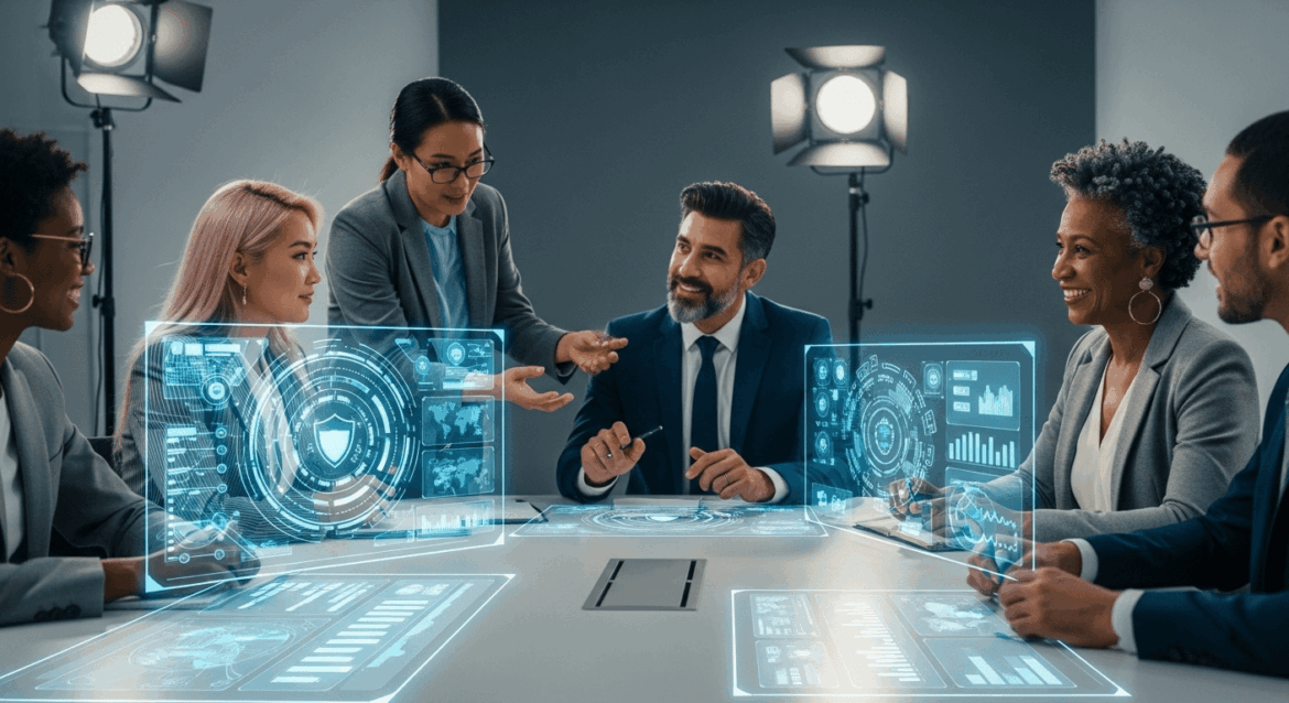 A detailed visual scene depicting a group of diverse retailers engaged in a brainstorming session, working together around a high-tech conference table with digital security graphics and data analytics displayed on screens, symbolizing their collaboration to combat cybercrime. no texts on scene. Photorealistic style, high resolution, 4k details, HDR, cinematic lighting, professional photography, studio lighting, vibrant colors.