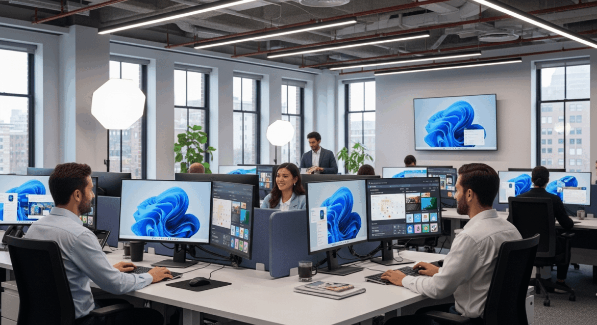 A bustling modern office scene where professionals are collaboratively using the new Recall feature on Windows 11, showcasing a sleek interface on multiple screens with a serene ambiance, embodying innovation and efficiency. no texts on scene. Keywords: photorealistic style, high resolution, 4k details, HDR, cinematic lighting, professional photography, studio lighting, vibrant colors.