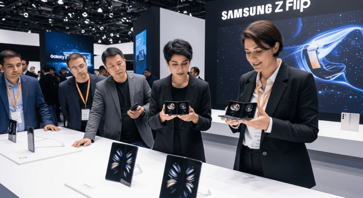 An exciting showcase at a vibrant tech conference featuring representatives unveiling the latest Samsung Galaxy Z Fold and Z Flip smartphones, surrounded by interested attendees and sleek display booths, capturing the anticipation of innovation. no texts on scene. Keywords: photorealistic style, high resolution, 4k details, HDR, cinematic lighting, professional photography, studio lighting, vibrant colors.