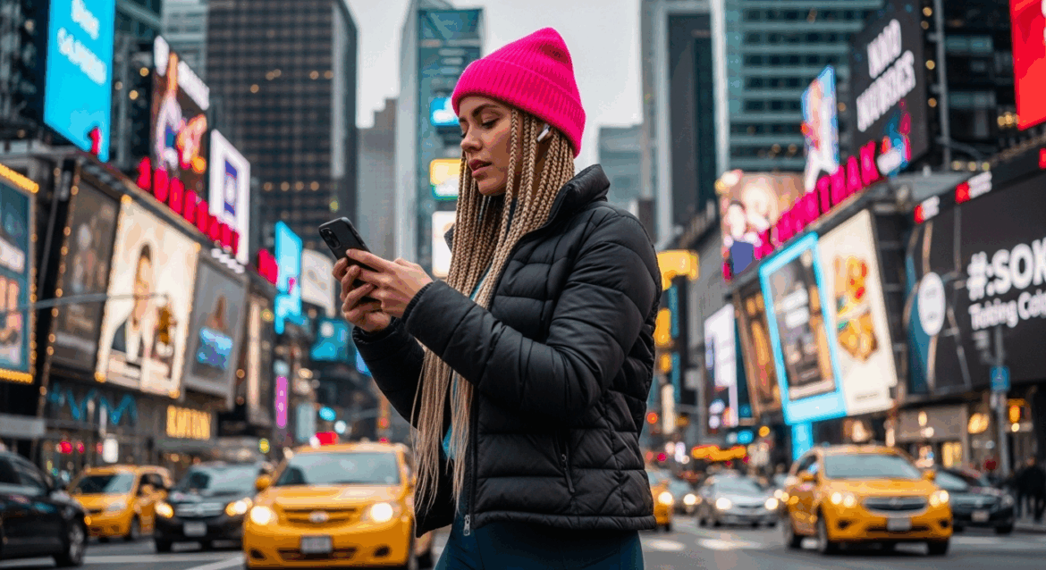 A modern individual using AirPods Pro in a bustling urban environment, adjusting the customizable noise cancellation settings on their smartphone while vibrant city life unfolds around them. no texts on scene. photorealistic style, high resolution, 4k details, HDR, cinematic lighting, professional photography, studio lighting, vibrant colors.