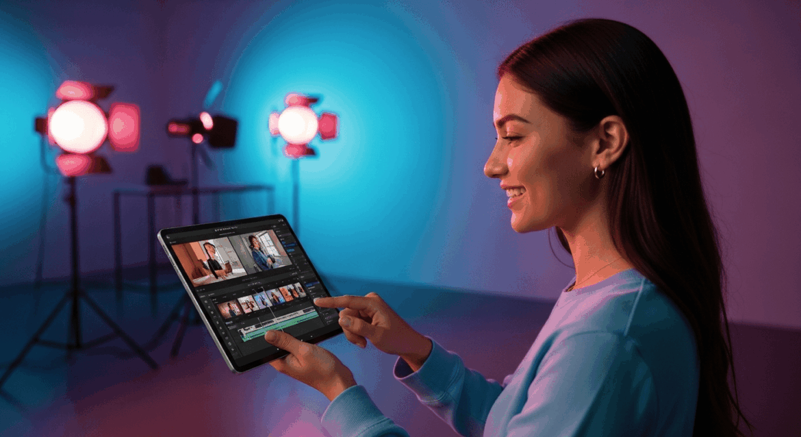 A dynamic scene showcasing a sleek Android tablet being used to control sophisticated video editing software in a modern studio environment, highlighting advanced features and seamless connectivity in an artistic arrangement. No texts on scene. Keywords: photorealistic style, high resolution, 4k details, HDR, cinematic lighting, professional photography, studio lighting, vibrant colors.
