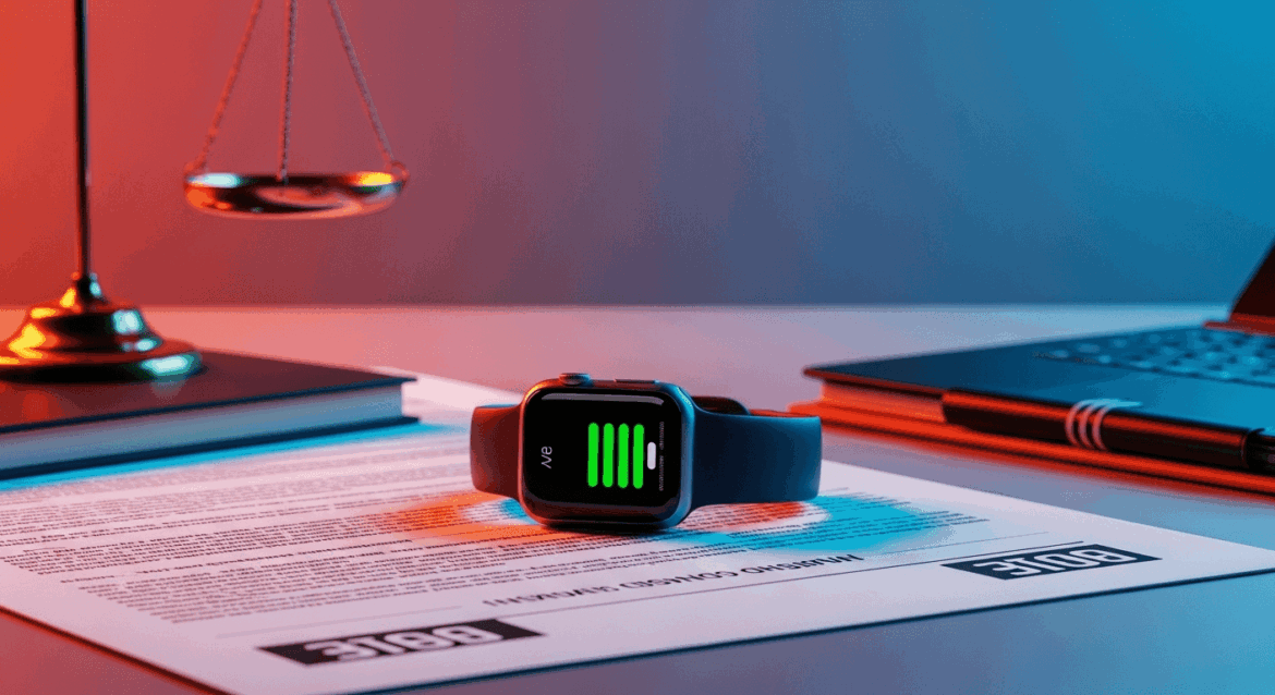 A serene tech workspace featuring an Apple Watch with a visibly swollen battery, surrounded by legal documents and a modern aesthetic, symbolizing the resolution of a legal dispute. no texts on scene. Keywords: photorealistic style, high resolution, 4k details, HDR, cinematic lighting, professional photography, studio lighting, vibrant colors.