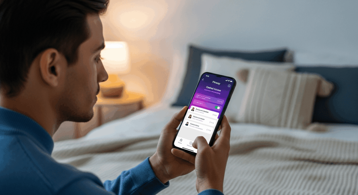 A sleek, modern user interface displaying a privacy settings screen on a smartphone, emphasizing contact access permissions, with a tech-savvy individual engaging thoughtfully with their device in a cozy, stylish setting. no texts on scene. Keywords: photorealistic style, high resolution, 4k details, HDR, cinematic lighting, professional photography, studio lighting, vibrant colors.