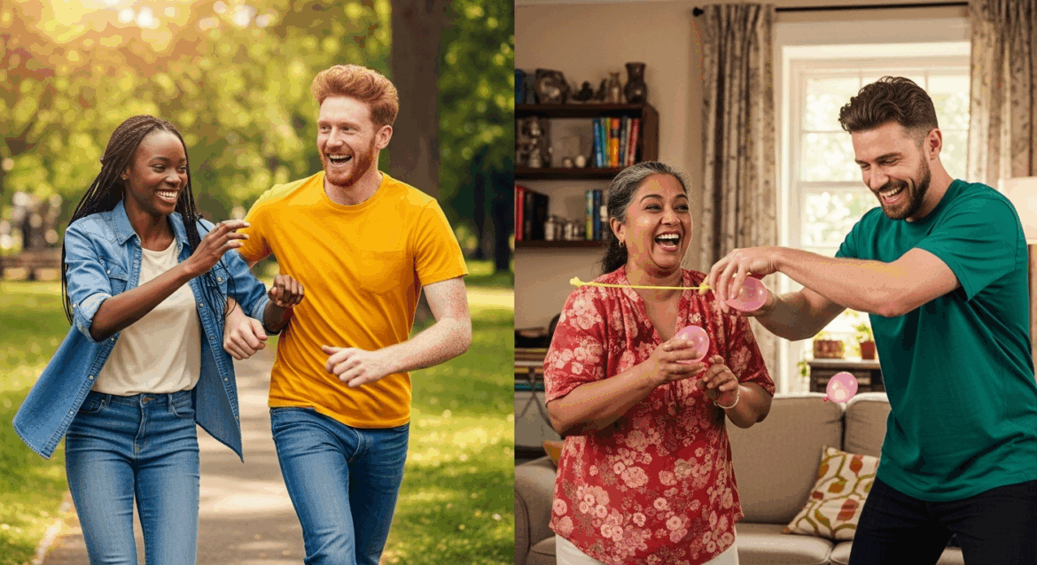 A vibrant scene depicting two contrasting pairs of friends engaging in humorous antics, one pair in a sunny, urban park setting and the other in a cozy living room filled with laughter and playful chaos. No texts on scene. Keywords: photorealistic style, high resolution, 4k details, HDR, cinematic lighting, professional photography, studio lighting, vibrant colors.