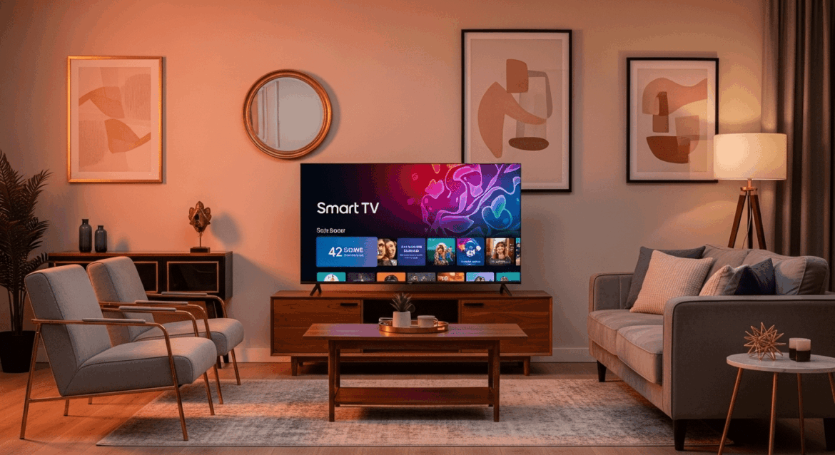 A vibrant and modern living room scene showcasing a sleek 32-inch Smart TV displaying colorful visuals, surrounded by an inviting atmosphere with cozy furniture and stylish decor, emphasizing the concept of a limited-time offer. no texts on scene. photorealistic style, high resolution, 4k details, HDR, cinematic lighting, professional photography, studio lighting, vibrant colors.