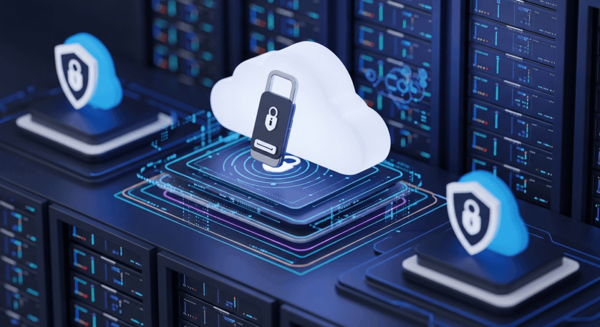 A dynamic cloud server environment showcasing a secure access key management system with multilayered authentication features, symbolizing enhanced security and MFA protection in a modern digital landscape. no texts on scene. Keywords: photorealistic style, high resolution, 4k details, HDR, cinematic lighting, professional photography, studio lighting, vibrant colors.