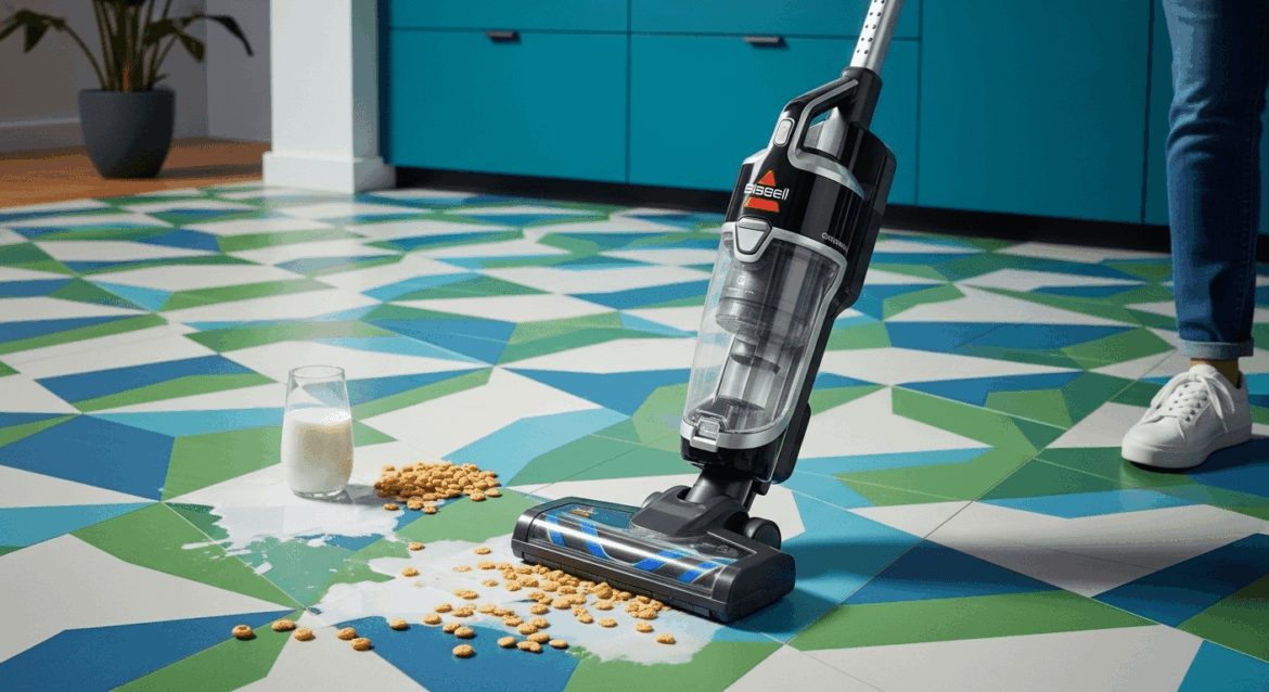 A modern, sleek kitchen scene featuring the Bissell CrossWave OmniForce vacuum in action, effortlessly cleaning a vibrant, tiled floor with wet and dry messes, highlighting its advanced design and functionality. no texts on scene. photorealistic style, high resolution, 4k details, HDR, cinematic lighting, professional photography, studio lighting, vibrant colors.