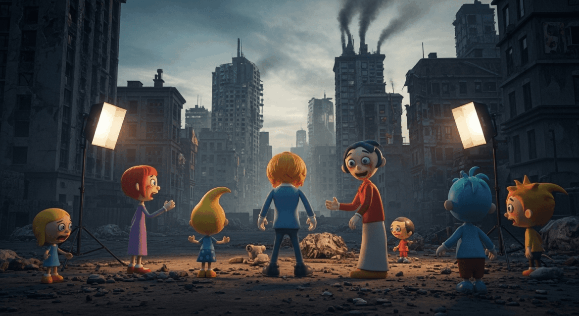 A surreal and thought-provoking scene depicting characters from a cartoon world grappling with the harsh realities of life, featuring elements of dystopia and vivid contrasts between the whimsical and the bleak. no texts on scene. photorealistic style, high resolution, 4k details, HDR, cinematic lighting, professional photography, studio lighting, vibrant colors.