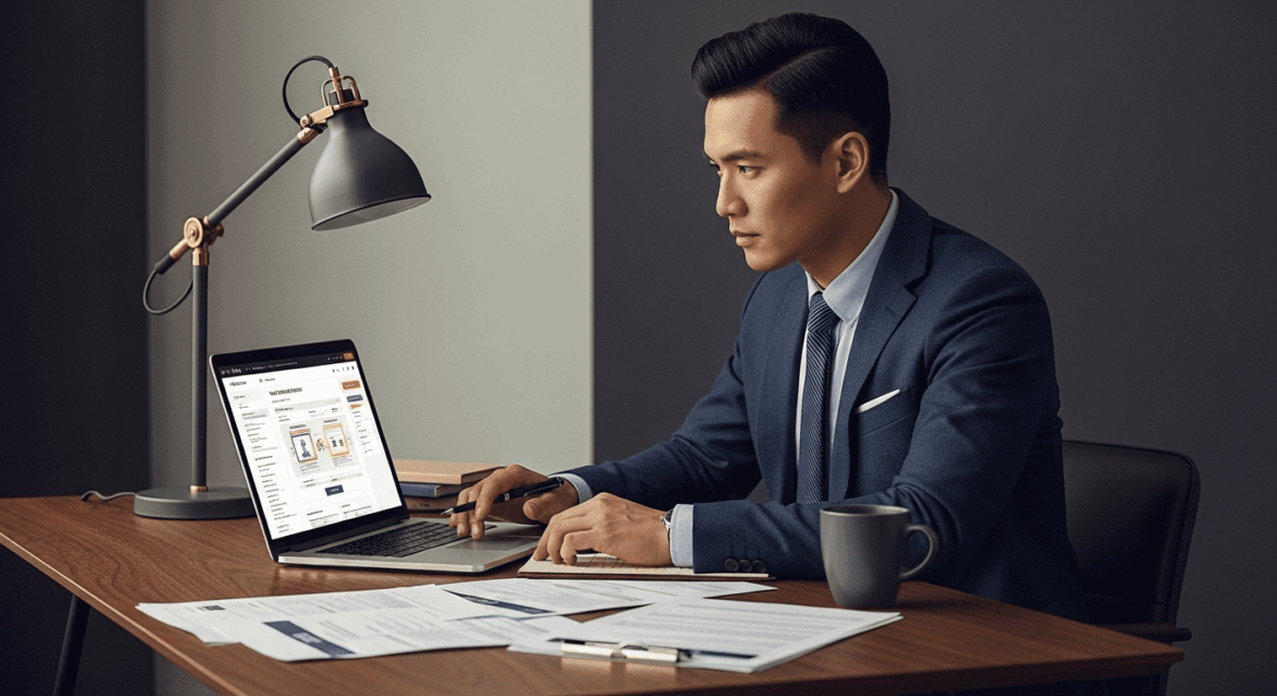 A modern individual sitting at a sleek desk with a laptop open, focused on navigating a user-friendly tax declaration website, surrounded by documents and a coffee cup, showcasing a sense of financial order and responsibility. No texts on scene. Keywords: photorealistic style, high resolution, 4k details, HDR, cinematic lighting, professional photography, studio lighting, vibrant colors.