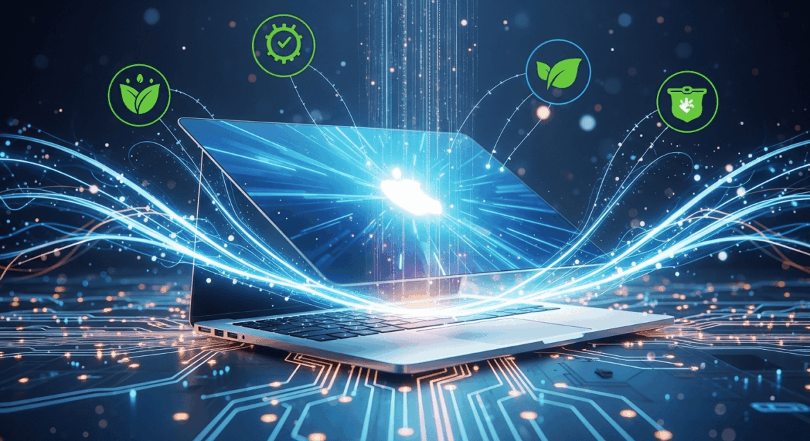 An illustration of a sleek, modern MacBook with its lid slightly open, showcasing a glowing Apple logo, surrounded by symbolic representations of energy-saving and power management features in a bright, tech-inspired environment. No texts on scene. Keywords: photorealistic style, high resolution, 4k details, HDR, cinematic lighting, professional photography, studio lighting, vibrant colors.