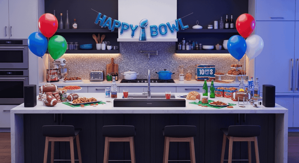 A modern kitchen setting showcases sleek Sonos soundbars and speakers with an emphasis on a vibrant Super Bowl-themed atmosphere, featuring football decorations and snacks, all bathed in cinematic lighting. No texts on scene. Keywords: photorealistic style, high resolution, 4k details, HDR, cinematic lighting, professional photography, studio lighting, vibrant colors.