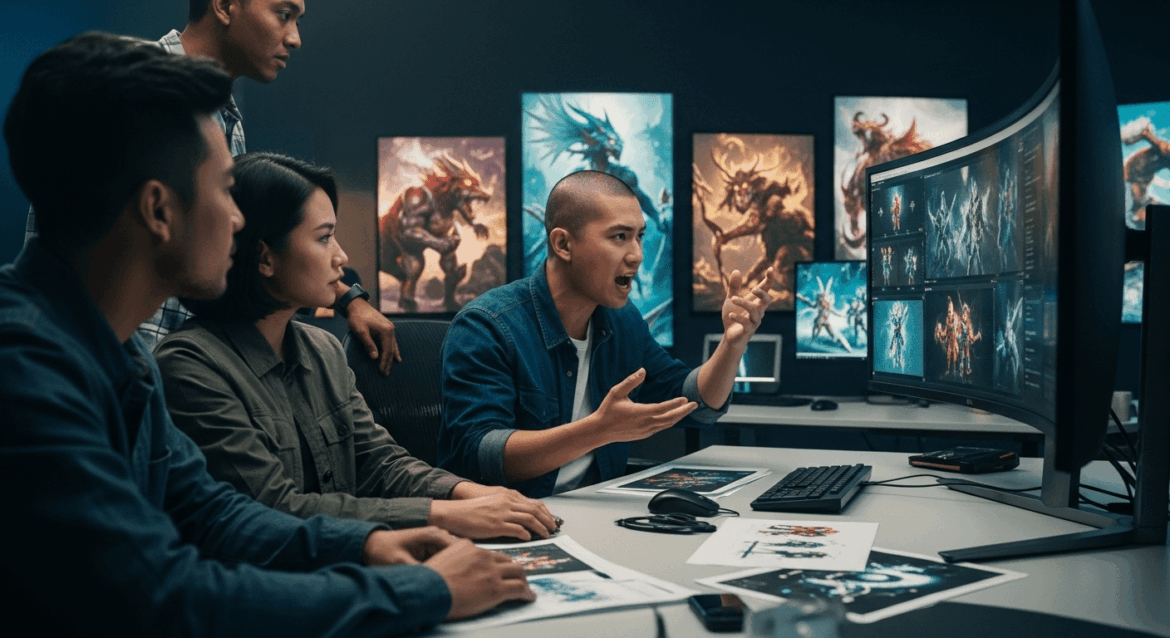 A dynamic scene in a fantasy game development studio where a developer is passionately reviewing combat mechanics on a large screen, surrounded by concept art and game design elements, capturing an atmosphere of innovation and collaboration. no texts on scene. Keywords: photorealistic style, high resolution, 4k details, HDR, cinematic lighting, professional photography, studio lighting, vibrant colors.