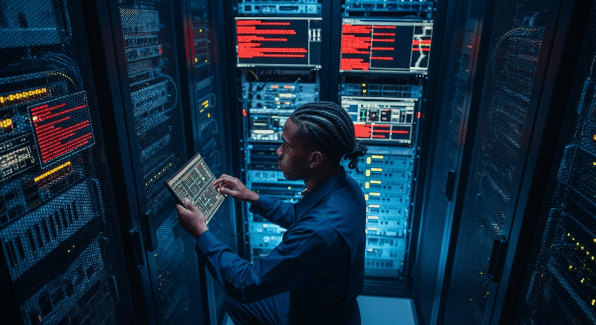 A visually striking scene depicting a technician troubleshooting a complex server room filled with modern networking equipment, illuminated by cool blue LEDs, while screens show error messages in the background, reflecting a high-tech environment. no texts on scene. photorealistic style, high resolution, 4k details, HDR, cinematic lighting, professional photography, studio lighting, vibrant colors.