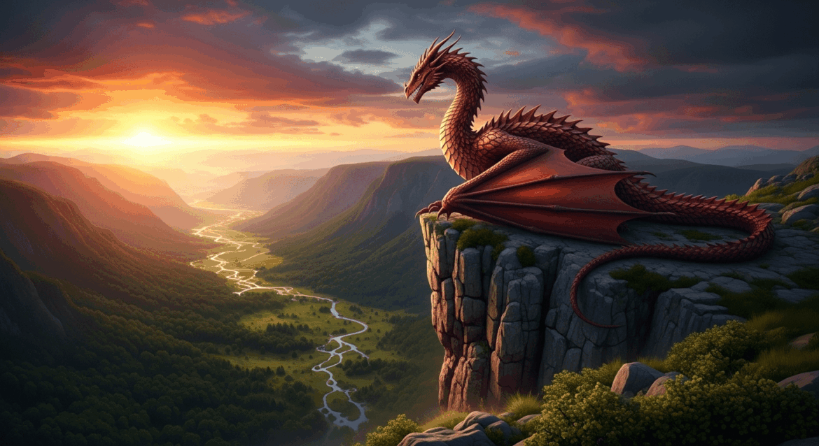 A serene vista of a dragon perched on a rocky cliff overlooking a lush valley under a dramatic sunset, symbolizing the quieter, more introspective moments in epic storytelling. no texts on scene. photorealistic style, high resolution, 4k details, HDR, cinematic lighting, professional photography, studio lighting, vibrant colors.