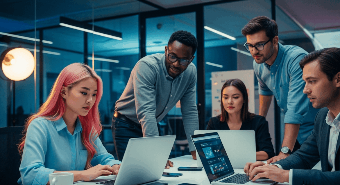 A dynamic office environment showcases professionals collaboratively using AI tools on their laptops, symbolizing the modern job search empowered by technology. no texts on scene, photorealistic style, high resolution, 4k details, HDR, cinematic lighting, professional photography, studio lighting, vibrant colors.
