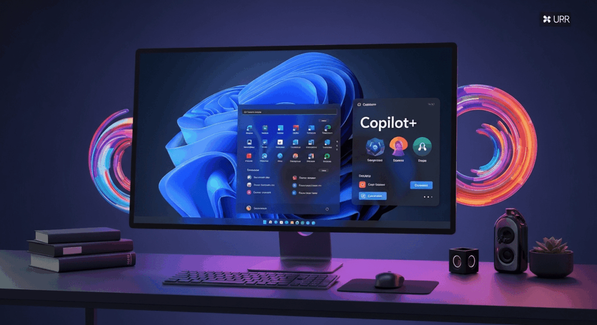 A sleek and modern tech scene showcasing a futuristic computer setup with Windows 11 interface, emphasizing the Copilot+ feature while featuring abstract elements to represent a seamless user experience and innovation, creating an ambiance of both challenge and potential. No texts on scene. Keywords: photorealistic style, high resolution, 4k details, HDR, cinematic lighting, professional photography, studio lighting, vibrant colors.