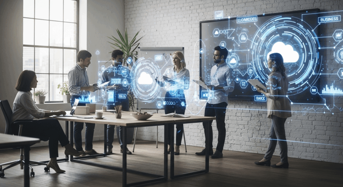 A modern office space showcases people collaborating around a digital whiteboard, with cloud computing graphics subtly integrated into the environment, conveying the concept of cloud migration as a beneficial choice. no texts on scene. photorealistic style, high resolution, 4k details, HDR, cinematic lighting, professional photography, studio lighting, vibrant colors.