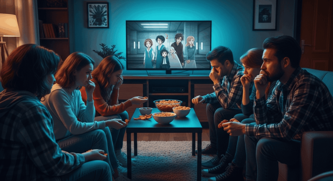 A heartbroken group of fans gathers in a cozy living room, surrounded by empty snack bowls and the glow of a paused TV screen showing the beloved animated series, embodying a sense of collective sorrow and nostalgia. no texts on scene. photorealistic style, high resolution, 4k details, HDR, cinematic lighting, professional photography, studio lighting, vibrant colors.
