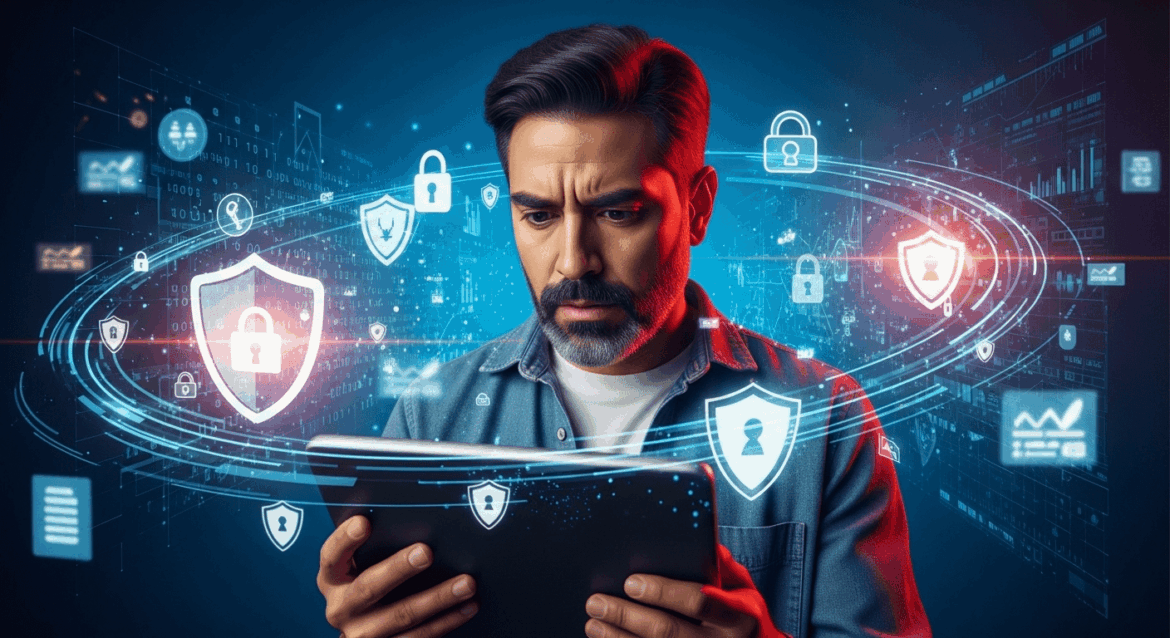 A concerned freelancer reviewing cybersecurity measures while surrounded by a digital environment depicting data protection symbols, representing the urgency of safeguarding personal information after a cyberattack. no texts on scene. photorealistic style, high resolution, 4k details, HDR, cinematic lighting, professional photography, studio lighting, vibrant colors.