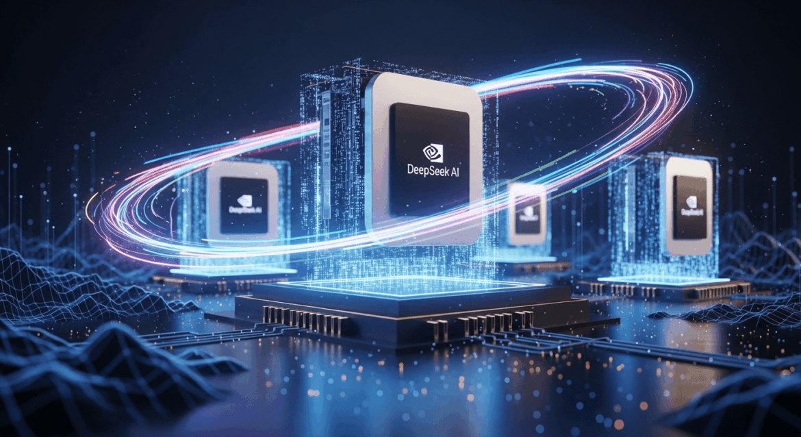 A visually striking scene showcasing cutting-edge Nvidia GPUs surrounded by a vibrant digital landscape depicting DeepSeek AI's capabilities, highlighting the power of advanced technology in a futuristic setting. no texts on scene. photorealistic style, high resolution, 4k details, HDR, cinematic lighting, professional photography, studio lighting, vibrant colors.