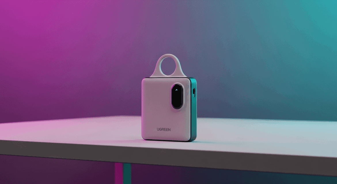 An ultra-slim and sleek wallet tracker designed by Ugreen, elegantly showcased on a modern minimalist desk against a backdrop of vibrant colors and dynamic lighting to emphasize its advanced technology and affordability. No texts on scene. Keywords: photorealistic style, high resolution, 4k details, HDR, cinematic lighting, professional photography, studio lighting, vibrant colors.