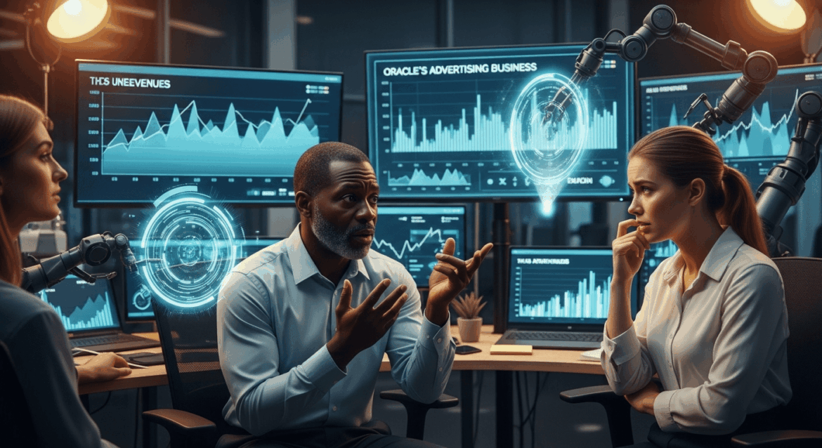 A dramatic scene depicting a corporate office in disarray, with employees discussing the unexpected news of Oracle's advertising business shutdown, surrounded by digital screens displaying fluctuating revenue graphs and futuristic technology. no texts on scene. photorealistic style, high resolution, 4k details, HDR, cinematic lighting, professional photography, studio lighting, vibrant colors.