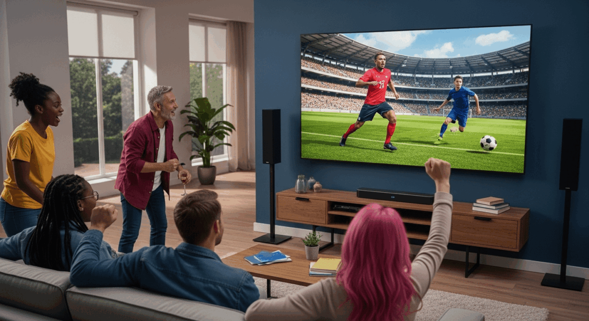 A vibrant and modern digital scene featuring a sleek living room equipped with a large screen displaying an exciting sports event, emphasizing the enjoyment of streaming sporting events from various devices, with people cheering and engaging in a social atmosphere. No texts on scene. Keywords: photorealistic style, high resolution, 4k details, HDR, cinematic lighting, professional photography, studio lighting, vibrant colors.