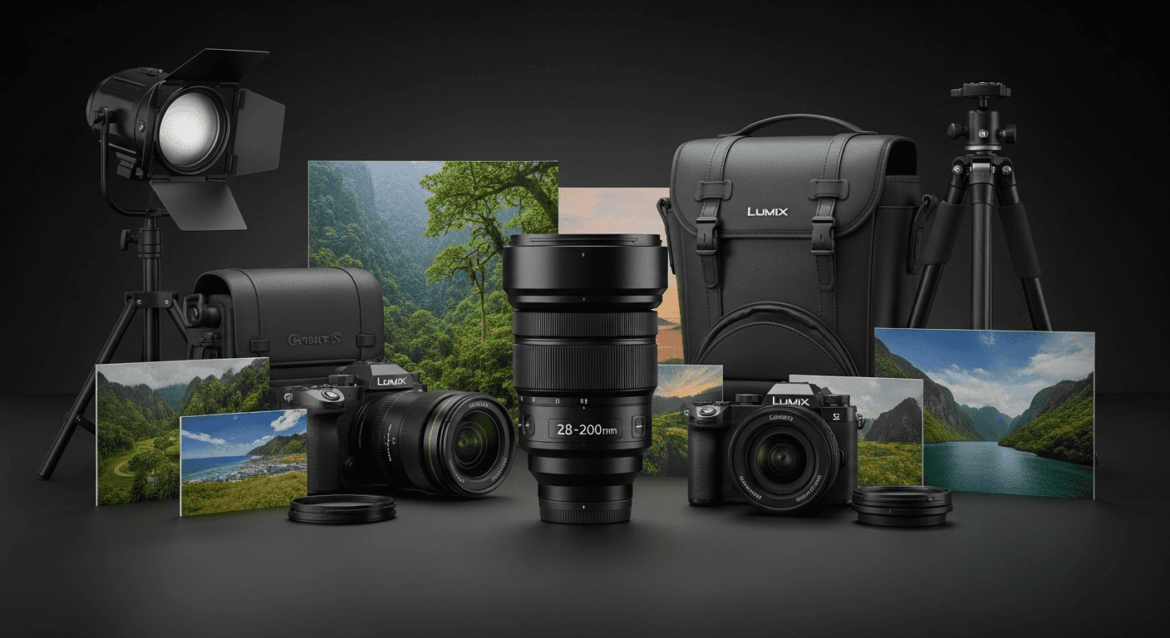 A modern photography studio showcasing the Panasonic Lumix S 28-200mm lens on a sleek surface, surrounded by vivid travel imagery, travel gear, and nature-themed backgrounds, emphasizing its versatility and wide zoom range. No texts on scene. Keywords: photorealistic style, high resolution, 4k details, HDR, cinematic lighting, professional photography, studio lighting, vibrant colors.