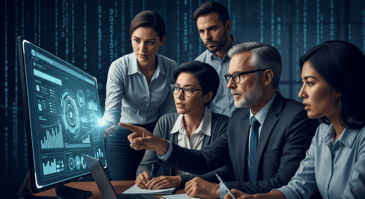 An intense cyber security meeting in a modern office, showing concerned employees gathered around a digital screen displaying data security graphics, with a backdrop of code streaming down the wall, conveying urgency and the need for vigilance in protecting sensitive information. No texts on scene. Keywords: photorealistic style, high resolution, 4k details, HDR, cinematic lighting, professional photography, studio lighting, vibrant colors.