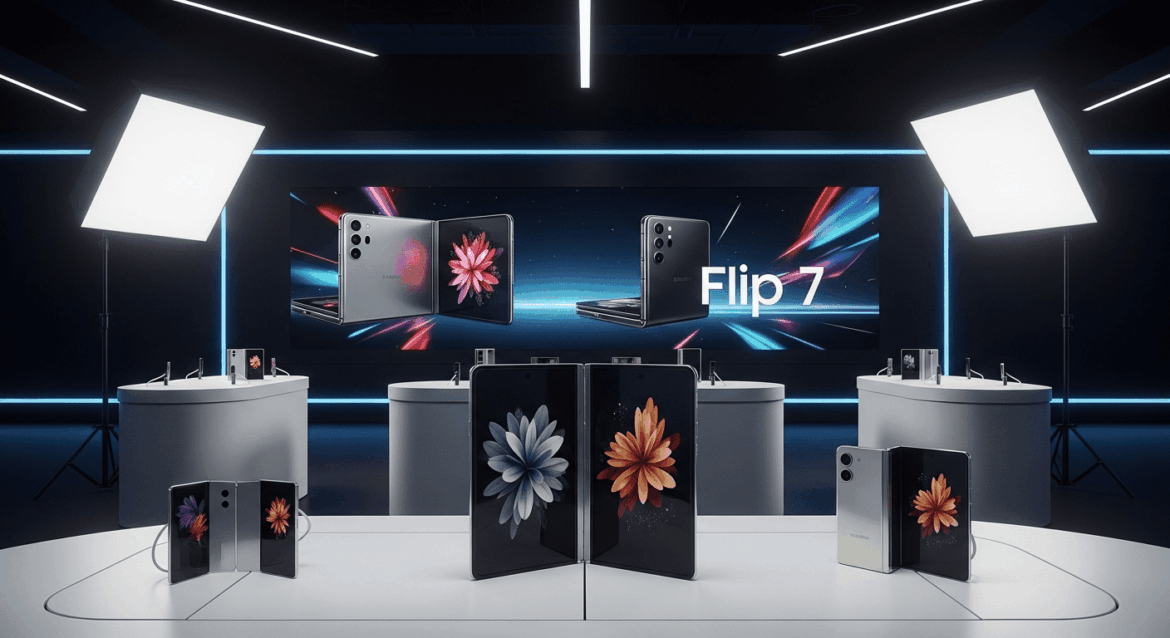 A sleek, modern tech showroom displays the latest Samsung Galaxy devices under bright studio lights, with a backdrop of futuristic digital screens showcasing colorful graphics of the Fold 7 and Flip 7 models. No texts on scene. Keywords: photorealistic style, high resolution, 4k details, HDR, cinematic lighting, professional photography, studio lighting, vibrant colors.