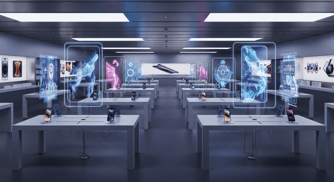 A futuristic Apple store showcasing various iPhone 16 models surrounded by holographic displays, emphasizing advanced technology and innovation. No texts on scene. Keywords: photorealistic style, high resolution, 4k details, HDR, cinematic lighting, professional photography, studio lighting, vibrant colors.