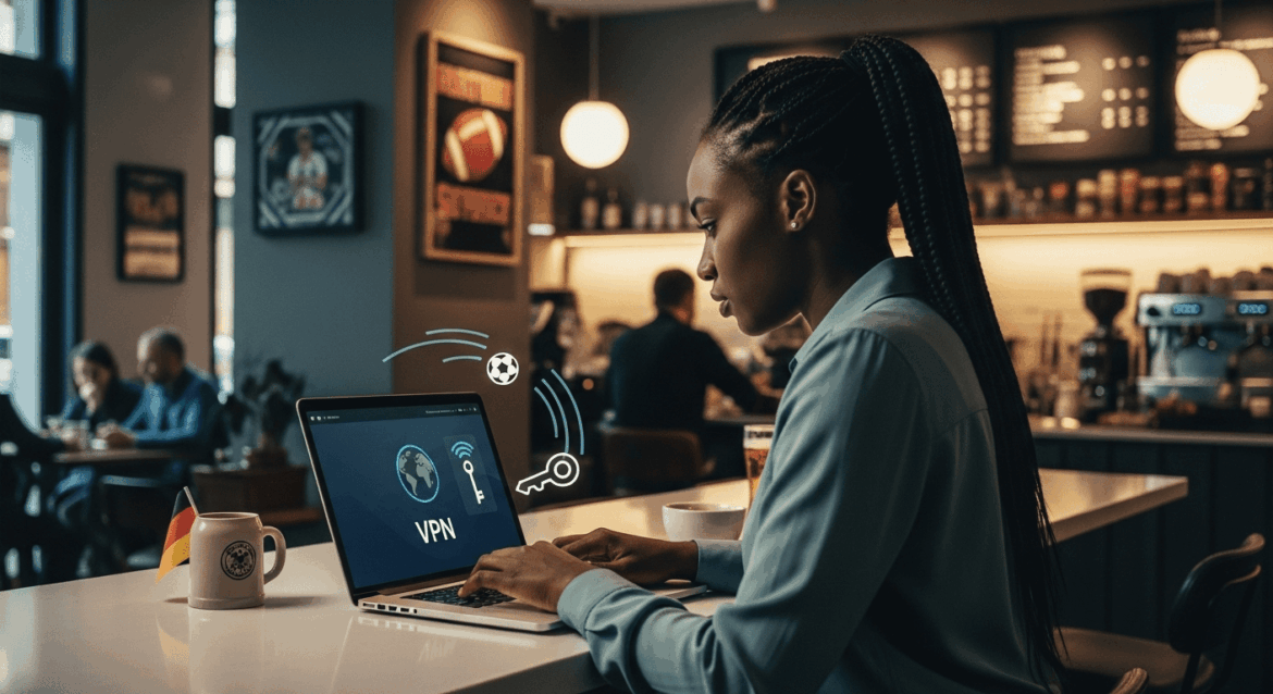 A visually striking scene depicting a modern traveler using a laptop in a chic coffee shop, with elements representing Germany, football, and a VPN service subtly integrated into the environment. No texts on scene. Keywords: photorealistic style, high resolution, 4k details, HDR, cinematic lighting, professional photography, studio lighting, vibrant colors.