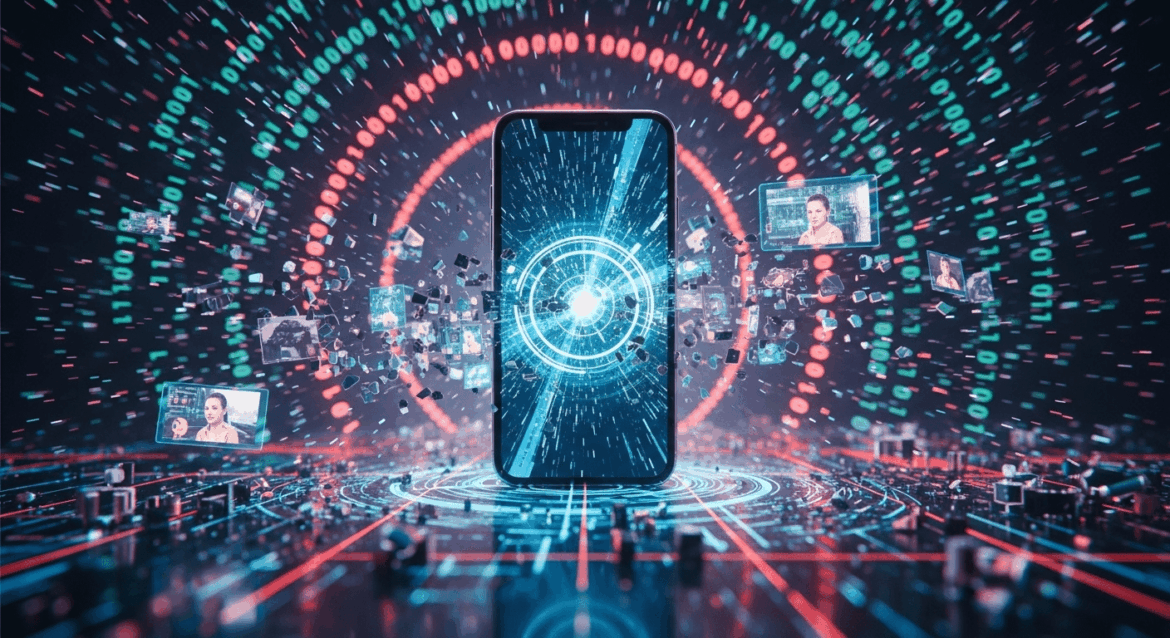 A dramatic visual scene depicts an intense digital landscape, showcasing a smartphone surrounded by binary code and surveillance imagery, representing the dismantling of a spyware campaign targeting journalists. no texts on scene. Keywords: photorealistic style, high resolution, 4k details, HDR, cinematic lighting, professional photography, studio lighting, vibrant colors.